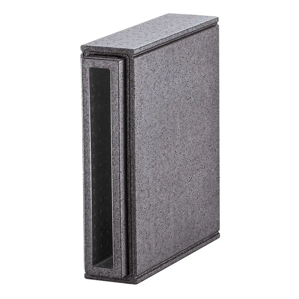 Graue Verlängerung für Laibungsauslass, rechteckige Form, geeignet für Vaillant Produkte, mit glatter Oberfläche und einem sichtbaren Schlitz an der Vorderseite.